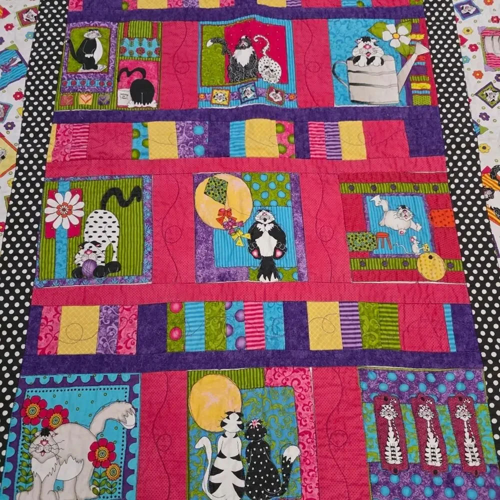 Handmade Sue Marsh‎ Caterwauling Tales Cat Baby Toddler Quilt Wall Hanging 48x34